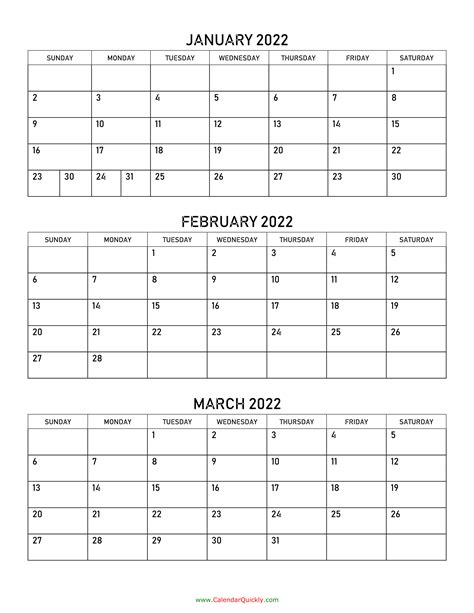 Printable 3 Month Calendar 2022